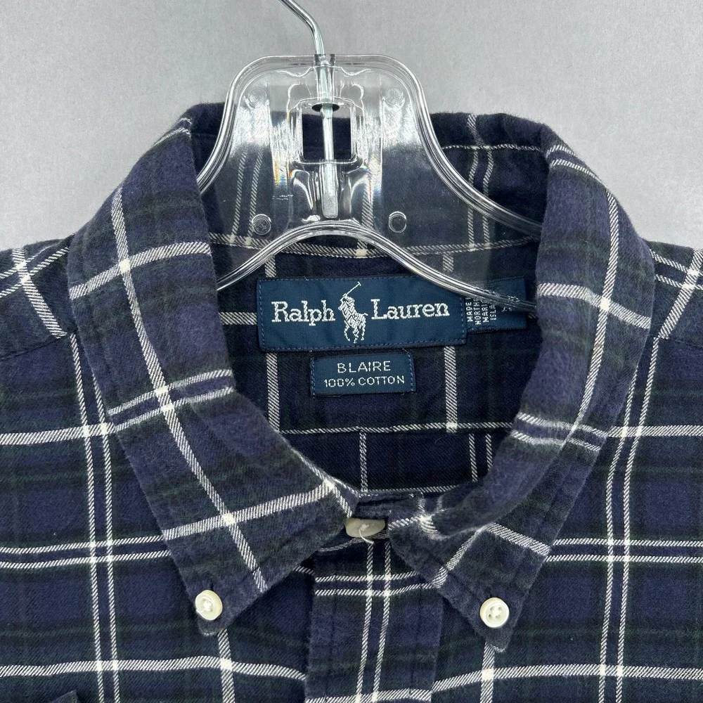 Vintage Ralph Lauren Shirt‎ Mens Medium Blue Green Plaid Tartan Blaire Oversized